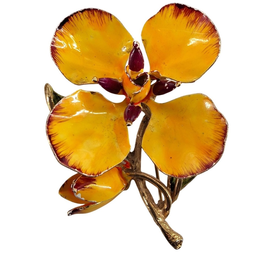 Vintage Yellow Orchid Enamel Brooch Gold Tone 3D Flower Pin Statement Botanical
